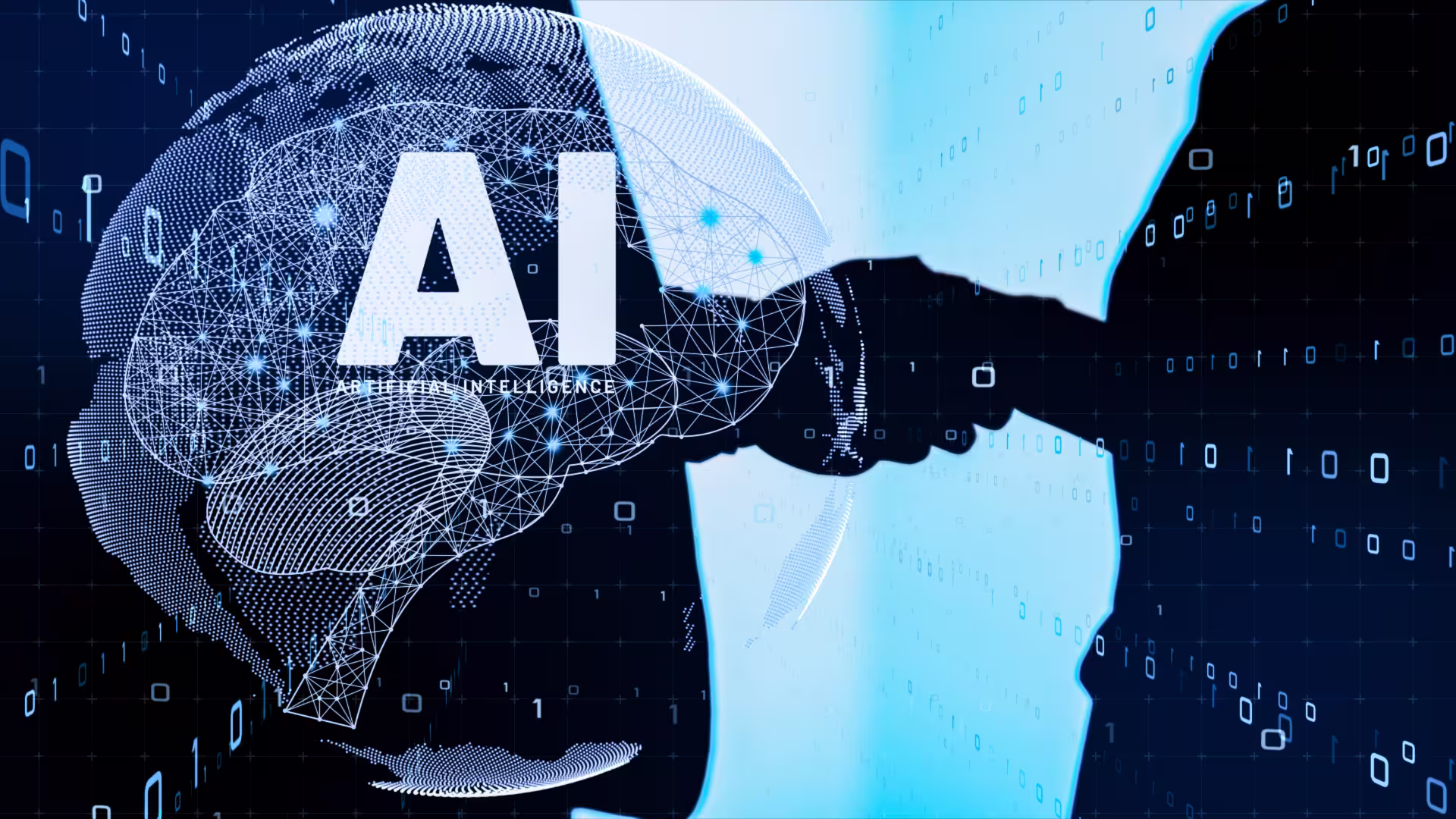 two guys shake hands with ai icon in front