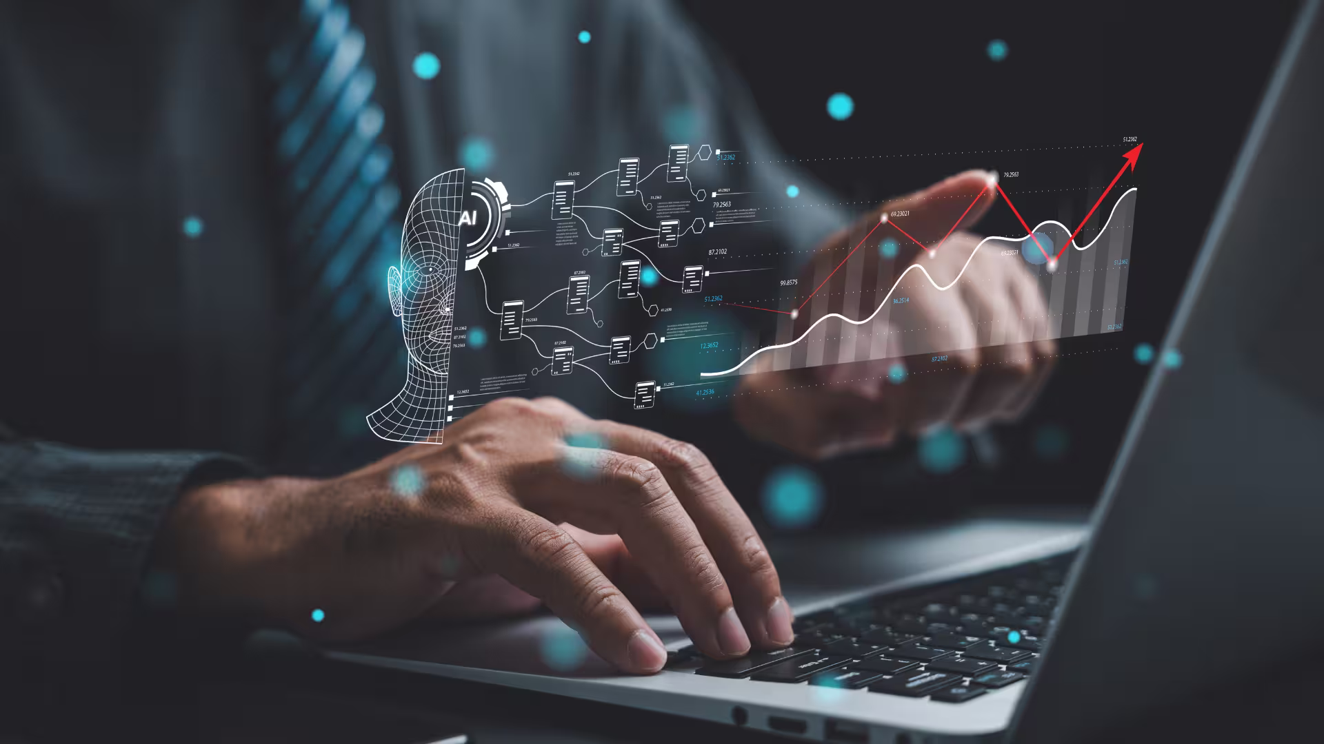 A man training an AI on his Laptop based on multiple transcripts and documents